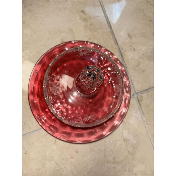 GLASS  DOME CHEESE Butter DESSERT COVERED DISH 7x9” Cranberry Clear Birds Trees - Picture 3 of 7